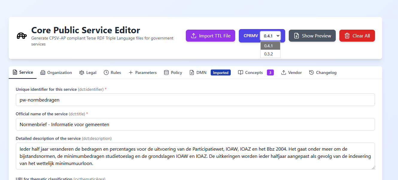 Screenshot: The editor toolbar showing the CPRMV version selector (0.4.1 / 0.3.2) styled as a toolbar control next to the Import, Show Preview and Clear All buttons