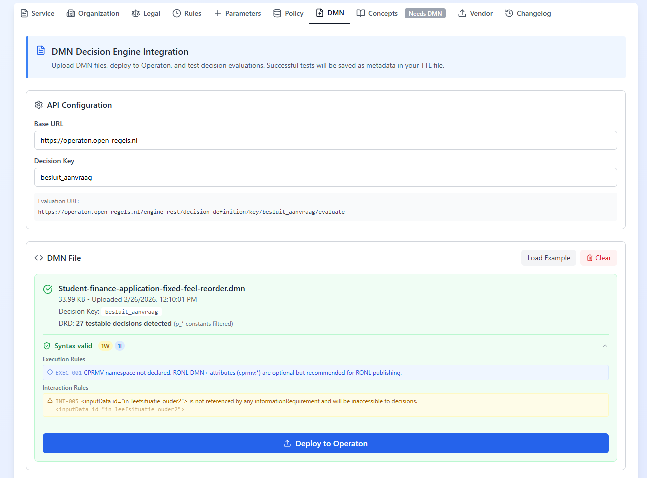Screenshot: DMN tab showing a decision model with Decision Key and Syntactic validation check prior to deployment