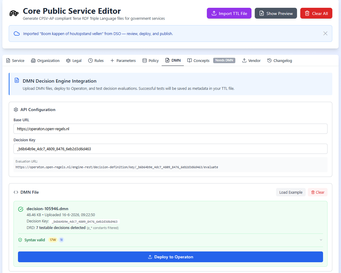 Screenshot: The CPSV Editor immediately after a DSO deep-link handoff — the DMN tab active with the decision model loaded (filename decision-{dmnId}.dmn) and the blue "Imported … from DSO — review, deploy, and publish" message banner under the page title