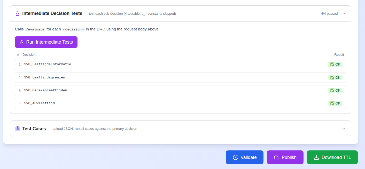 Screenshot: Intermediate Decision Tests section expanded showing a table of 4 decisions with ✅ OK results next to each row and a run button at the top