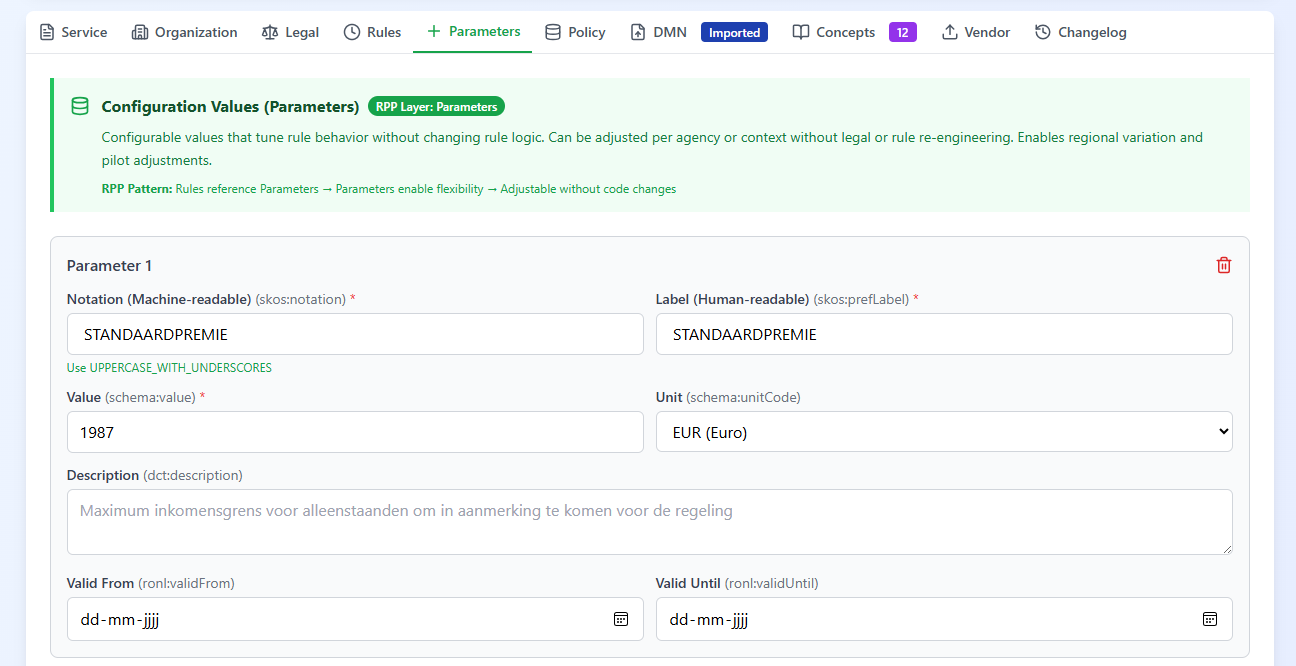 Screenshot: Parameters tab with a parameter card whose empty Notation and Label fields show inline "required" validation errors, alongside the Value, Unit and Valid from/until fields