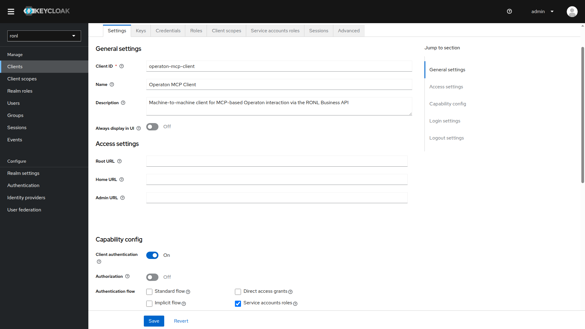 Keycloak admin console showing the operaton-mcp-client configuration with service accounts enabled and no standard flow