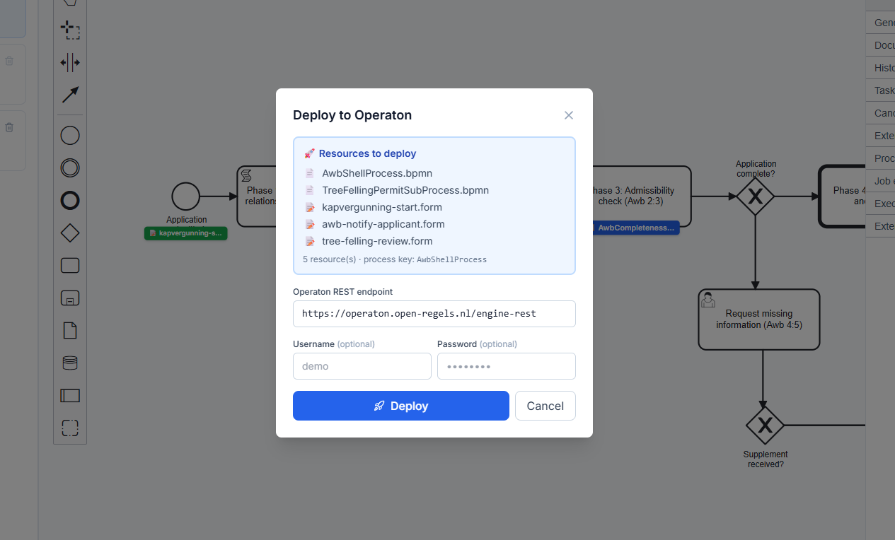 Screenshot: Deploy modal showing three sections — BPMN file, subprocess BPMNs, and form files — with the Operaton endpoint field pre-filled and a Deploy button at the bottom