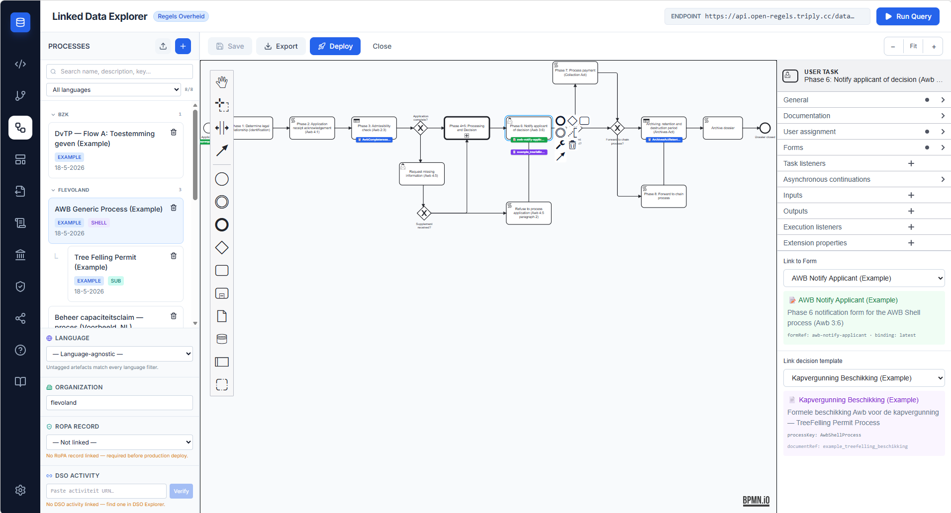 Screenshot: BPMN properties panel for a UserTask showing the Link decision template dropdown with the Kapvergunning Beschikking template selected, and the purple info card below confirming the selection