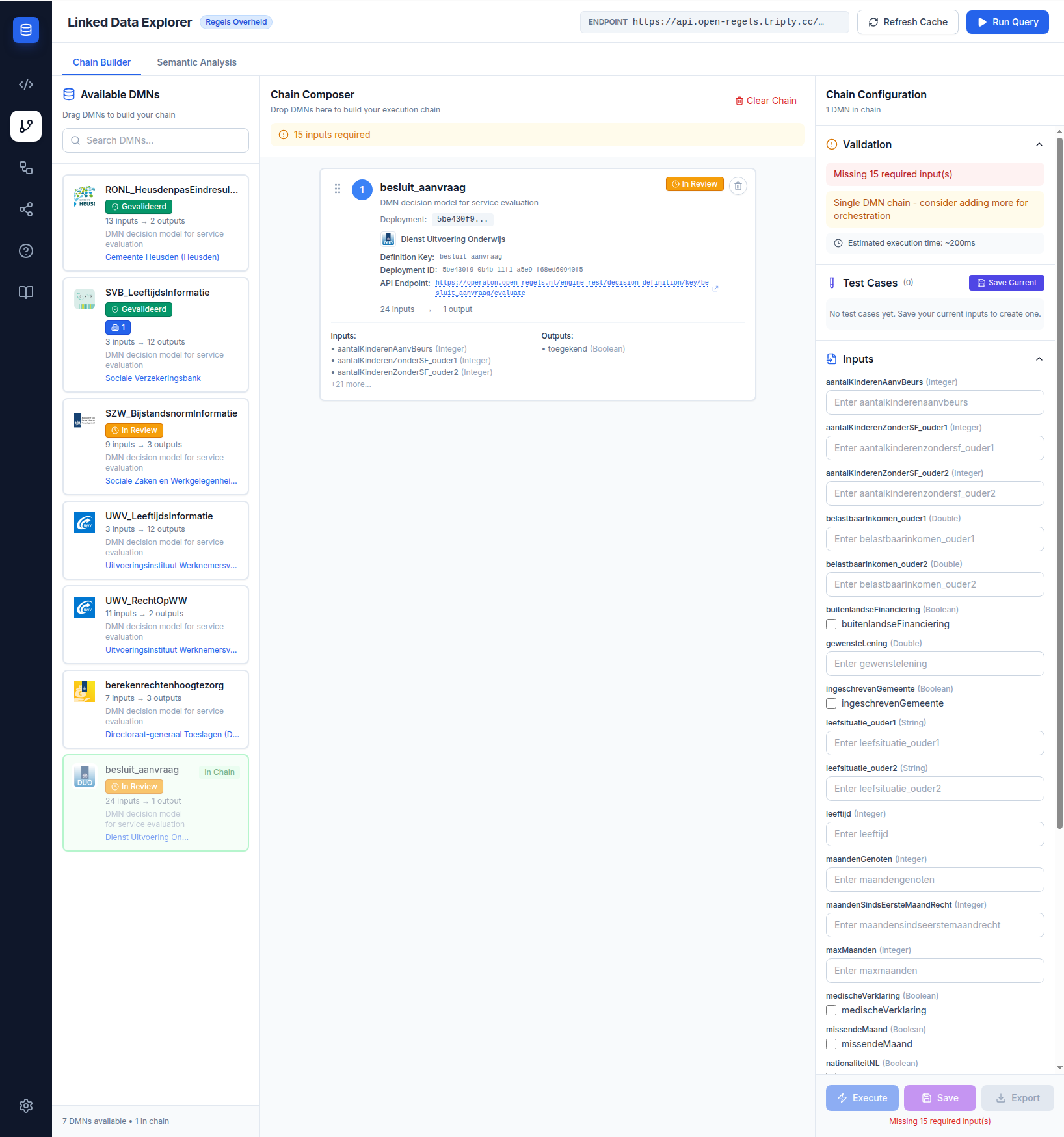 Screenshot: DMN Discovery panel with variable inspection open on a DMN card
