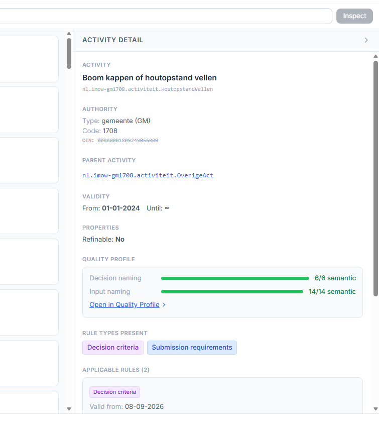 Screenshot: the activity detail panel with its compact quality-profile teaser — one decision-naming row and one input-naming row summing both rule sets, above a Load quality profile control that opens the tab