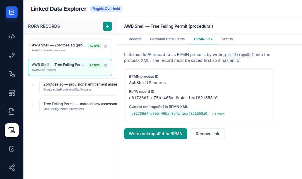 Screenshot: BPMN Link tab showing the BPMN process ID, the RoPA record ID, and the current ronl:ropaRef in BPMN XML field showing a matching UUID with a green tick and Linked label, and the Write ronl:ropaRef to BPMN button below