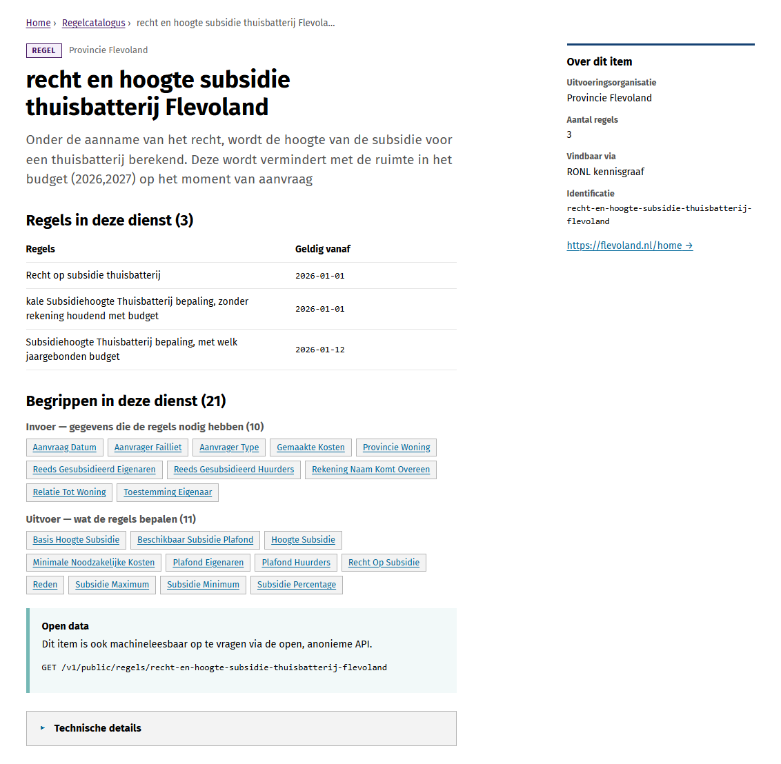 Screenshot: a rule's detail page on the public site, its concepts divided into Invoer and Uitvoer groups, each heading carrying its own count