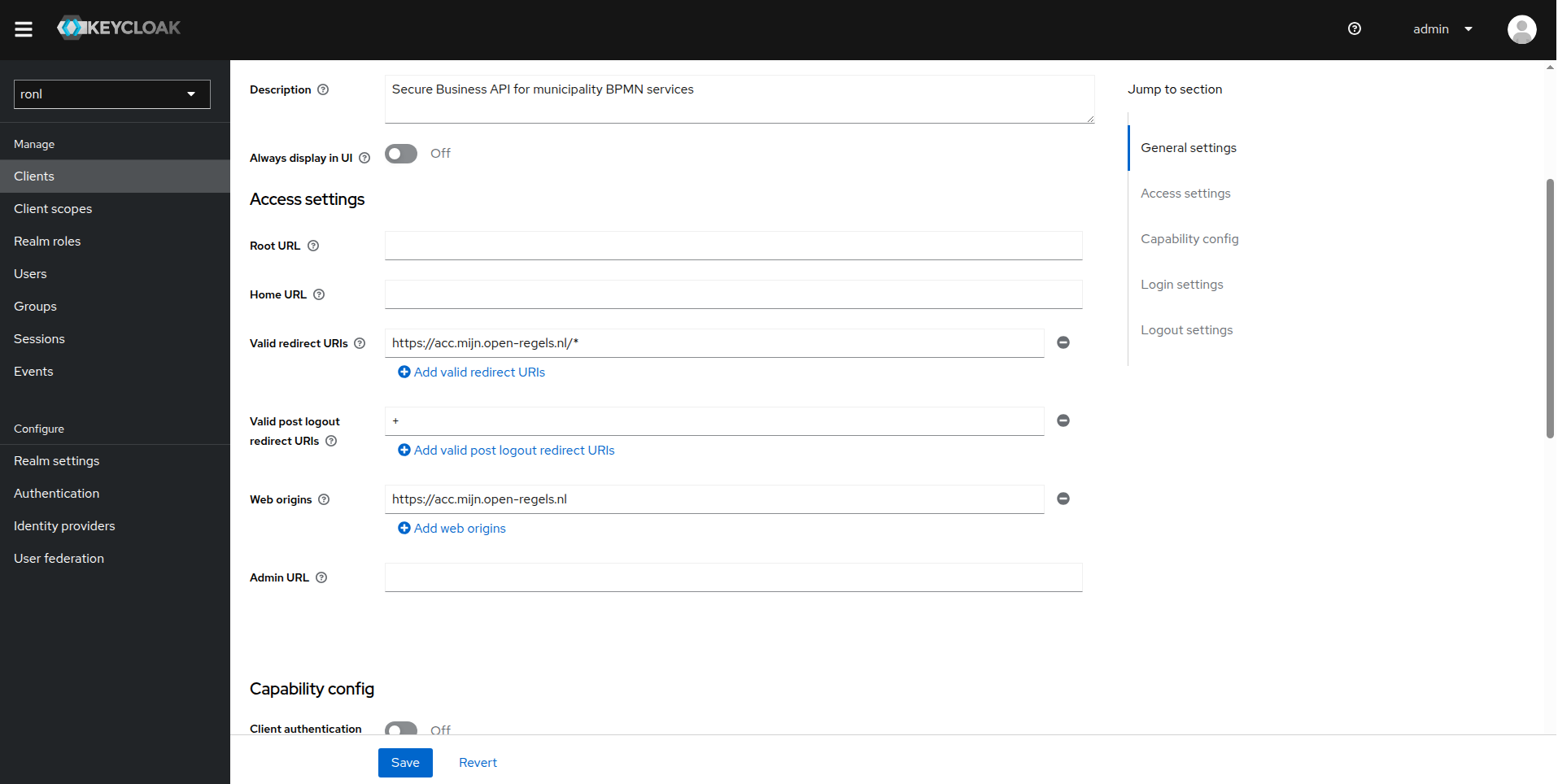 Screenshot: Keycloak Client Redirect Configuration