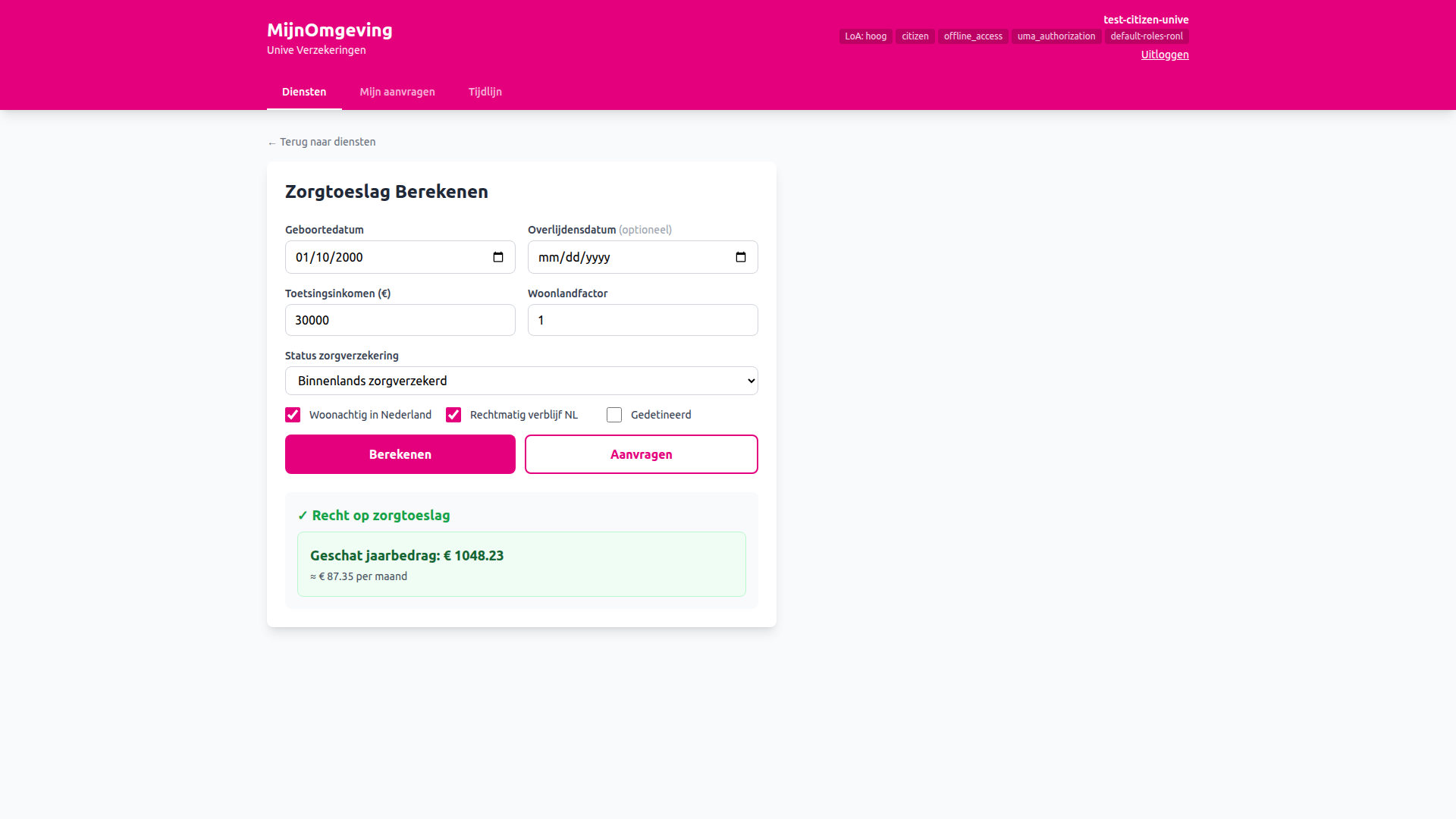 Screenshot: Zorgtoeslag calculator with eligible result