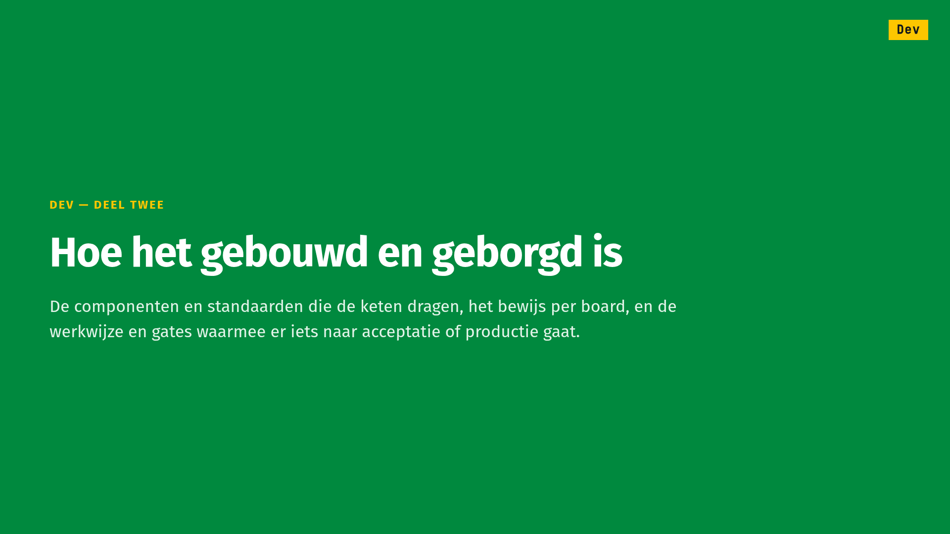 Slide 15 of 25, section divider on green, badge Dev: Dev — deel twee, Hoe het gebouwd en geborgd is (part two, how it is built and safeguarded). The components and standards that carry the chain, the evidence per board, and the way of working and the gates through which anything reaches acceptance or production